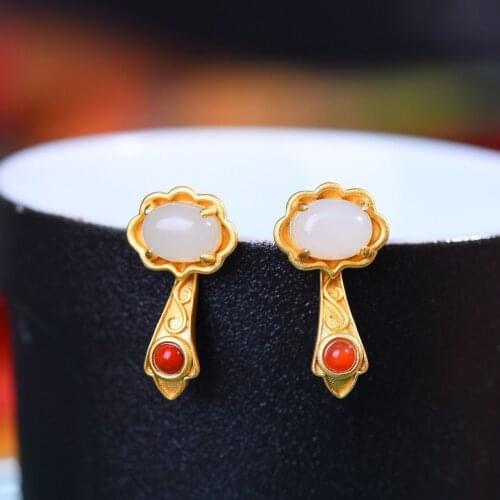 S925 Sterling Silver Ruyi Stud Earrings Natural South Red Agate Hetian Jade Personality Ruyi Retro Temperament Stud Earrings Orn