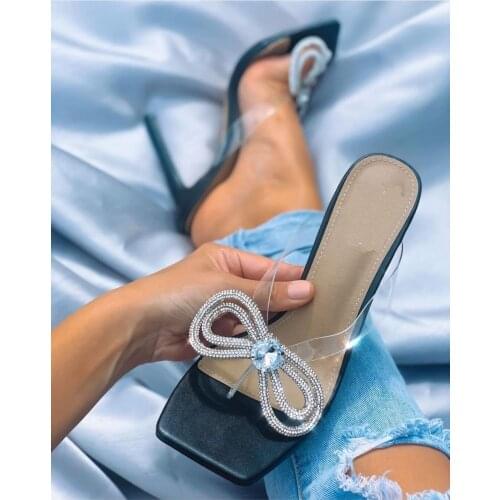 New Fashion PVC Transparent Women Slippers Rhinestone Bowknot Flip Flops Summer Square Toe Ladies High Heels Mules Female Party
