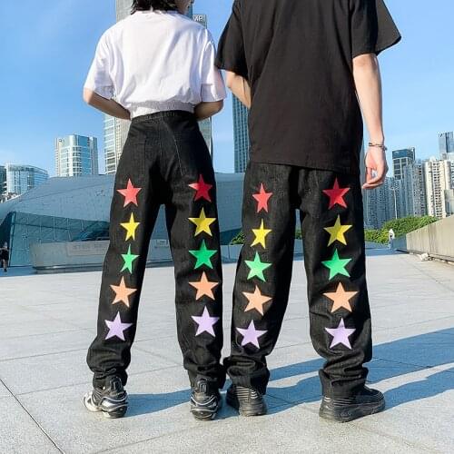 2020 Autumn Womens Jeans Hip Hop Star Print Black Denim Trouser Loose Casual Straight Pants Streetwear Couple Clothes Lovers