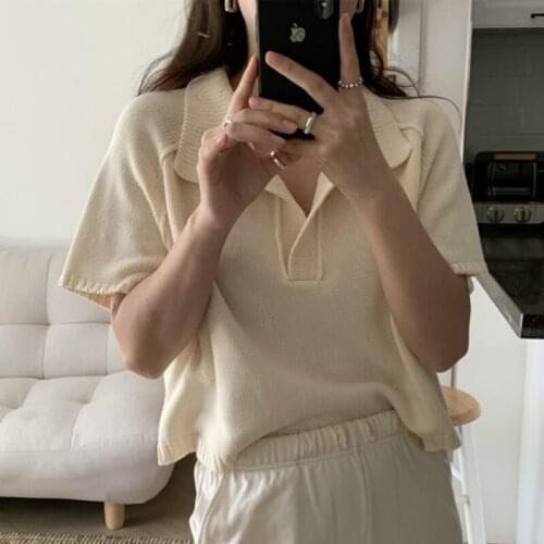 Women Brief Turn-down Collar Short T-shirt Pullover Short Sleeve Knitted Tshirt Casual Tops Solid Color
