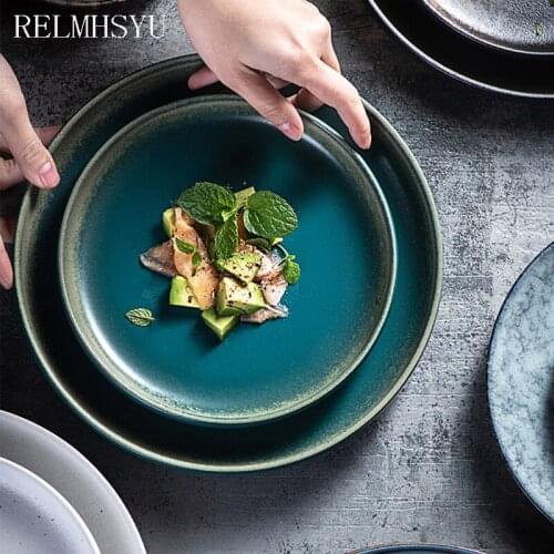 1PC RELMHSYU Japanese Style Ceramic Retro Round Breakfast Steak Western Flat Dinner Plate Home Tableware