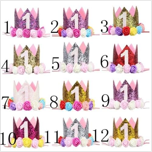 10PCS/Lots Baby Girl 1st Birthday Party Cake Hat Princess Tiara Crown Sparkle Hats with Artificial Rose Flower Photography Props