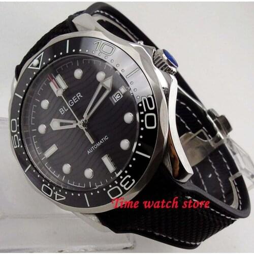 41mm Bliger Miyota 8215 Automatic watch men sapphire glass Luminous waterproof black dial luminous Ceramic Bezel leather strap