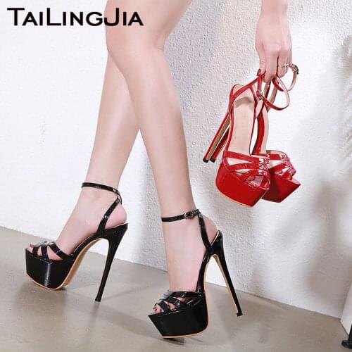Patent Leather Women Platform Sandals Party Heels Sexy Night Club Stiletto High Heels Ladies Black Red Dance Shoes Large Size