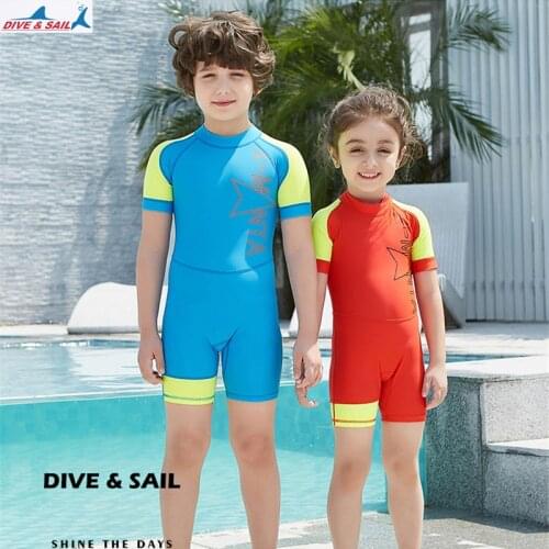 Dive Sail Diving Wetsuit Kids UPF 50+ One Piece Swimsuit Short Sleeve Anti UV Rash Guard Lycra Swimwear For Girl Boy Zip Back