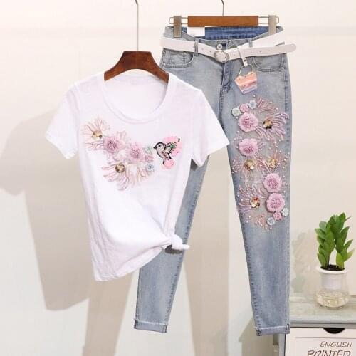 Summer women new sequin embroidery flower bird cotton T-shirt + retro jeans 2-piece Ms elegant Short slee jeanspants casual sets
