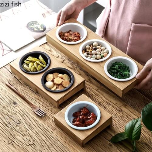 Creative Wooden Divided Snack Plate Ceramic Snack Bowl Household Living Room Fruit Plate Dried Fruit Candy Bowl Kitchen Storage