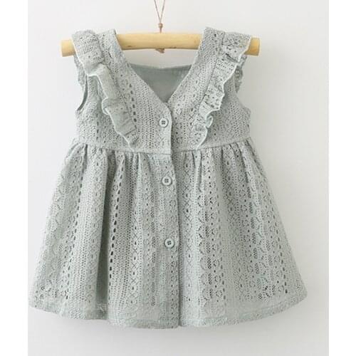 Girl fashion new princess dress Girl sleeveless ruffled dress Girl simple solid color dress Girl openwork lace dress