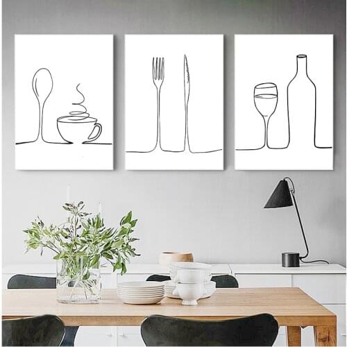Modular Pictures Nordic Style Printed Poster Line Coffee Red Wine Knife And Fork Wall Art Canvas Painting For Kitchen Home Decor