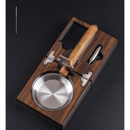 Cuban Cigar Ashtray Wood Square Box Include Cigar Cutter Holder and Hole Opener Cigar Case Humidor Smoking Accessories