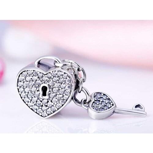 Original Love Heart Lock & Key With Crystal Pendant Beads Fit 925 Sterling Silver Bead Charm Bracelet Jewelry