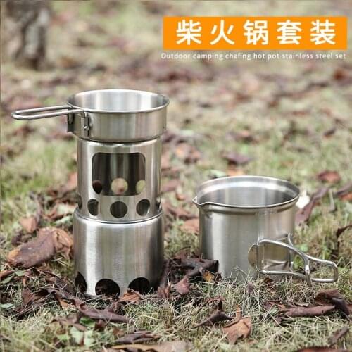 Outdoor stainless steel wood stove portable cookers camping folding windproof fire heating barbecue set