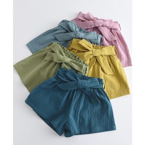 Girls Casual Solid Summer Shorts New Fashion Kids Baby Bow Sashes Loose Clothing Cotton Clothes Children Cool Pants 3-7 Years
