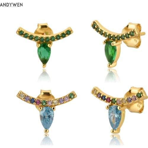 ANDYWEN 925 Sterling Silver Green Blue Zircon Ovals Stud Earring Line Piercng Ohrringe Luxury 2020 Rock Punk Party Jewelry