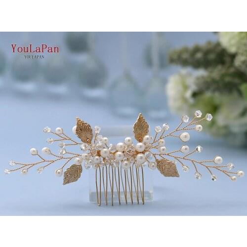 TOPQUEEN HP180 Wedding Hairpins Crystal Wedding Comb Golden Openwork Leaves Bridal Wedding Accessories Pearl Bridal Hair Clips