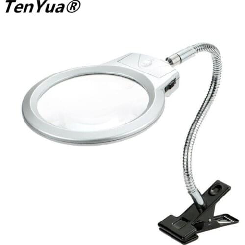 TenYua 2.5X 107MM 5X 24MM LED Illuminating Magnifier Metal Hose Magnifying Glass Desk Table Reading Lamp Light with LED Clamp