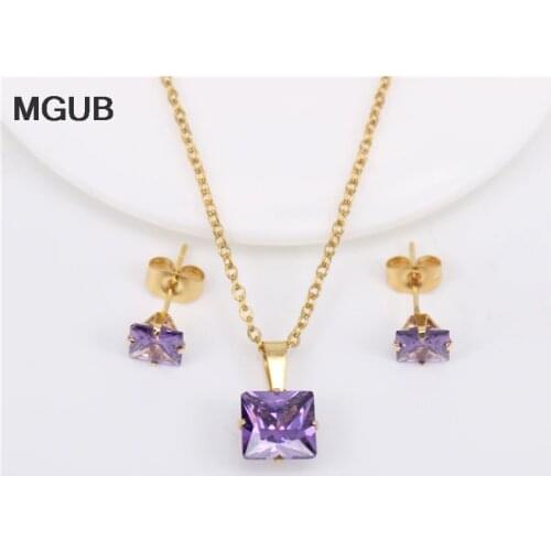 Three color choice Green purple gold color quadrilateral Earring necklace set 8mm pendant 0.4mm thin chain 50cm long ZN16