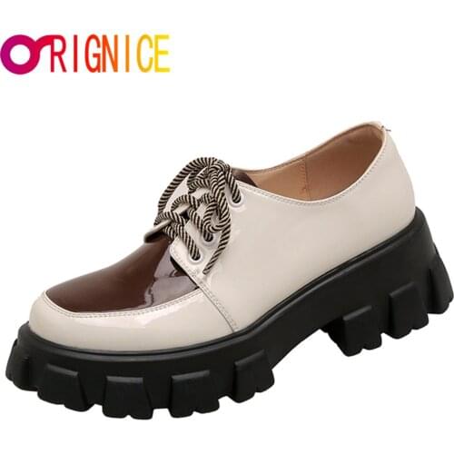 Orignice Brand Spring Women Patent Leather Platform Flats Lace Up Mixed Color Round Toe Footwear Female Casual Shoes Brown Green