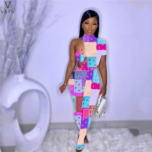 VAZN 2020 Casual Short Sleeve One Shoulder Young Sexy High Street Soft Long Bandage pants Women 2 Piece Set