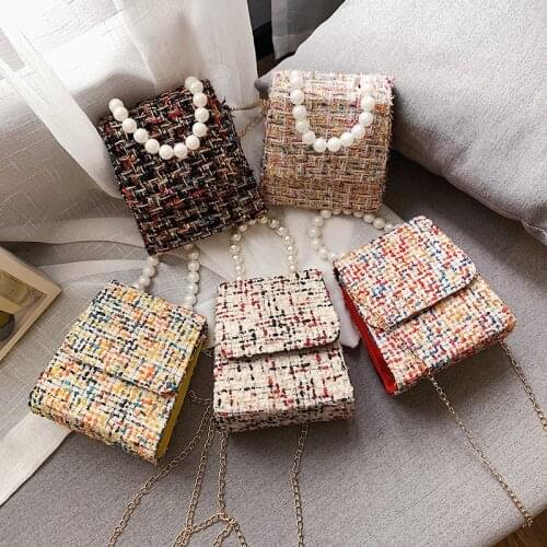 Women Bag Autumn Winter Wool Flap Chains Pearl Korean Lady Shoulder Bags Handbag Pures And Bags Crossbody MINI Bag