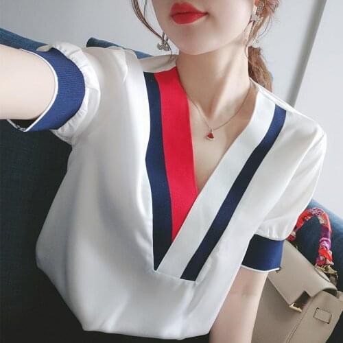 Womens Spring Summer Style Chiffon Blouses Shirt Womens Elegant V-Neck Patchwork Korean Casual Tops DD9031