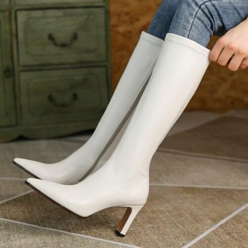 Quality Autumn Winter Womens Knee High Boots 8CM Square Root Pointed Toe Slim Ladies Elastic Boots with Zipper Womens Shoes