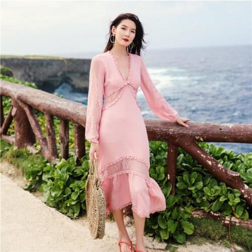 Women Dresses Beach Dress Seaside Holiday Lace Patchwork Hollow Out Irregular Pink Dress 2020 Summer High Quality Ladies Dresses