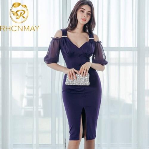 Fashion 2020 Summer Sexy Party Sheath Women Sexy Off Shoulder V neck Patchwork Mesh Slim Pencil Purple Knee Dress