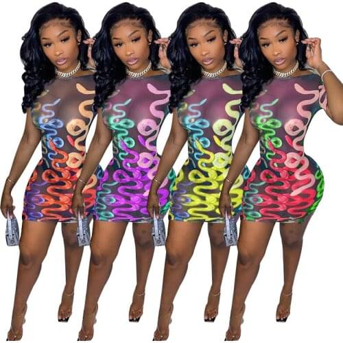 Adogirl Women Sexy Dress 2021 Elegant Party Prom Evening Night Club Snake Print Mini Dresses Bodycon Slim See Through Vestido