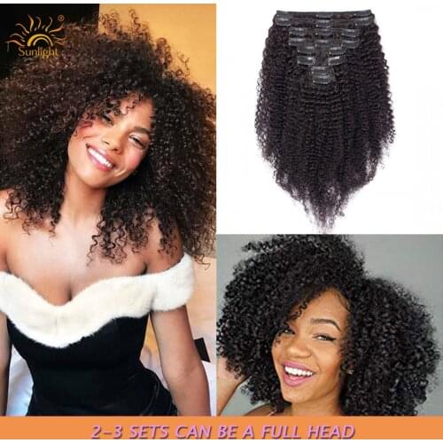 Afro Kinky Curly Clip-in Full Head Hair Extensions Human Hair 8pcs/set Mongolian Natural Color 120g Remy Hair Hair Clips