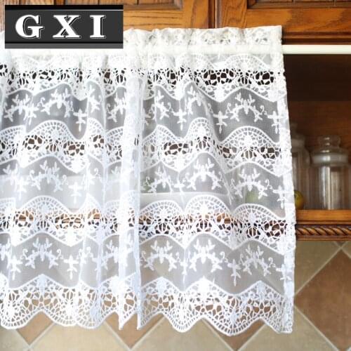 GXI White Hollow Lace Embroidered American Style Short Curtain Bar Cabinet Door Drape Solid Color Voile Half Curtain DS032#30