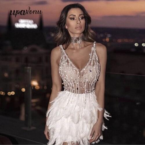 Free Shipping High Quality Pink White Feathers Rayon Bandage Dress Chic Elegant Night Club Party Dress Runway Mini Slip Dresses
