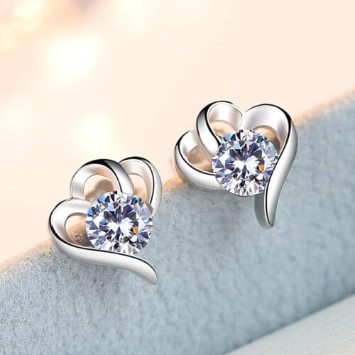 Charm Female Natural White Crystal Earrings Real 925 Sterling Silver Wedding Earrings For Women Dainty Love Heart Stud Earrings