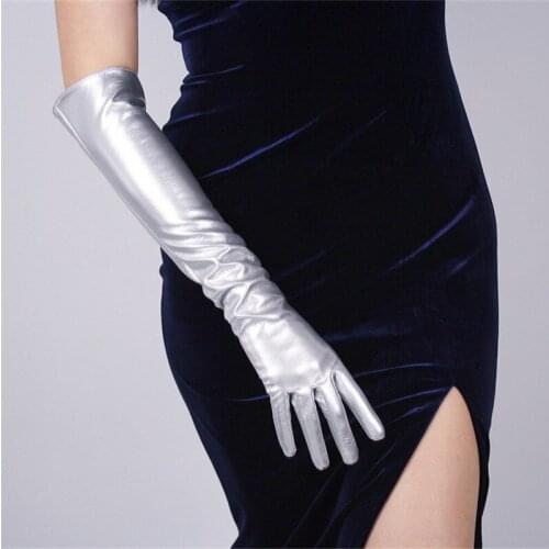 Patent Leather Long Gloves 50cm Long Section Emulation Leather PU Mirror Bright Leather Metal Bright Silver Female Models PU76
