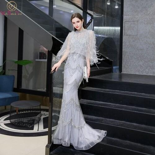 Elegant Beading Prom Dresses 2020 Gray Crystal Engagement Party Feather Cape Mermaid Sweetheart Plus Size Gowns Ceremony