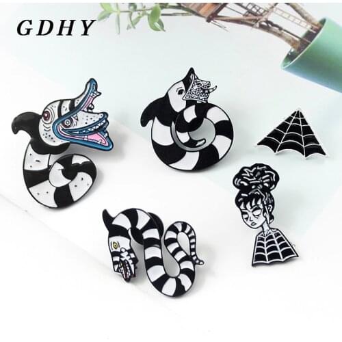 GDHY Monster Snake Spider Web Brooch Cartoon Black White Snake Spider Goblin Enamel Pin Punk Badge Clothes Backpack Jewelry