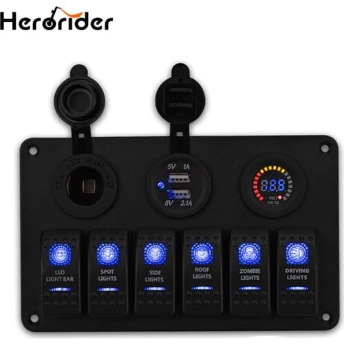Herorider 6 Gang LED Rocker Switch Panel Circuit Breaker Charger 2 USB Socket Cigaretter Plug Voltmeter Car Auto Switches 12v