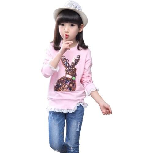 Autumn Girls T-shirts Rabbit Sequins Shirt Children Clothing Spring Fashion Cotton Girls Clothes Kids Tee Tops 5 7 9 11 13 Years
