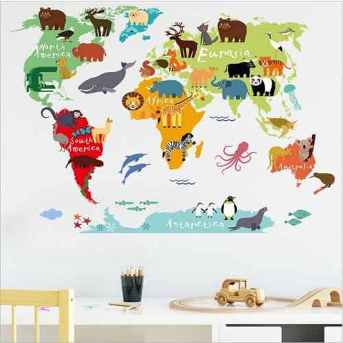2Pcs Cartoon Animal Map Seven Continents Wall Stickers For Bedroom Living Room Home Beautification Decorative House Decals 30*90