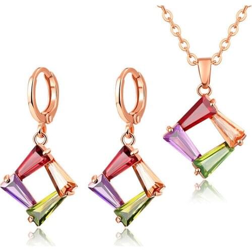 New Fashion Geometric Rainbow Crystal Jewelry Set Gold Color Square Drop Earrings & Necklace Sets For Women Birthday Gift