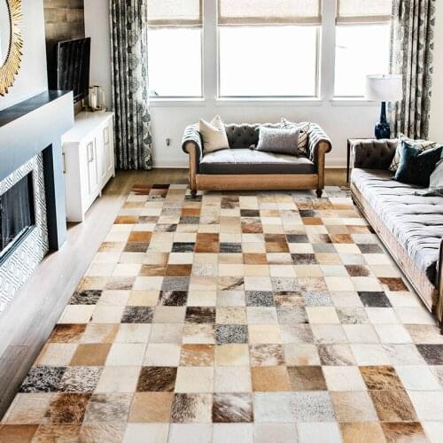 American style luxury cowhide plaid patchwork rug, natural calfskin fur carpet for living room decoration office carpet