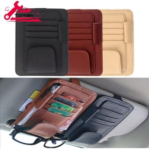 Leather Car Sun Visor Storage Glasses Organizer Bills Wallet Holder Ticket Credit Card Clips Auto-Interior Visor Accessories