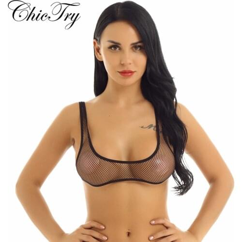 Sexy Women Female Lingerie See Through Fishnet Hollow Out Wide Shoulder Straps Deep U-neckline Vest Tank Exotic Tank Top Bra Top