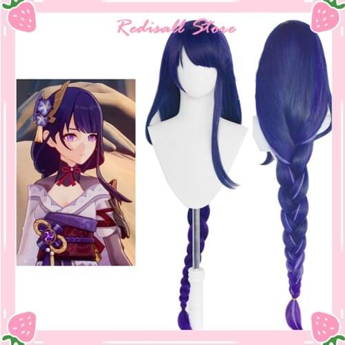 Genshin Impact Raiden Shogun Wig Baal Cosplay INAZUMA 100cm Long Braided Graidient Purple Synthetic Hair Free Wig Cap