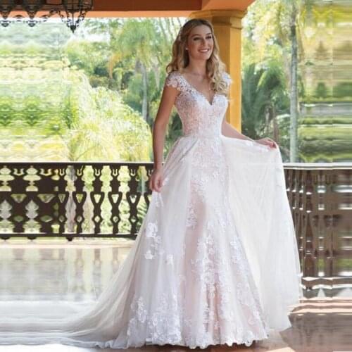 Pink Elegant Lace Appliques Wedding Dress Cap Sleeve Mermaid Bridal Gowns V Neck Vestido de Noiva Bride Dresses Custom Made