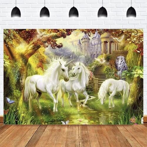 Fairytale World Photography Backdrop Unicorn Wonderland Princess Prince Birthday Background Cartoon Castle Backdrop Photo Studio
