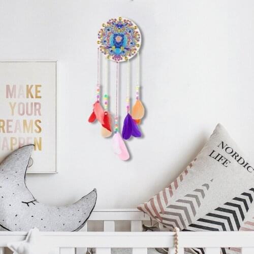 X37B Ethnic Owl Print Diamond Drawing Wind Chime Hanging Colorful Feather Wind Chimes for Outside Decoration DIY Handicrafts