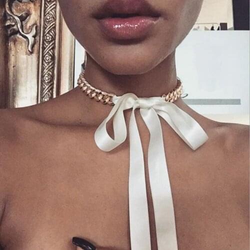 Gold Chunky Chain Ribbon Knot Necklace For Women Sexy Curb Link Chain Choker Necklace Collar New Fashion Party Jewelry Gifts