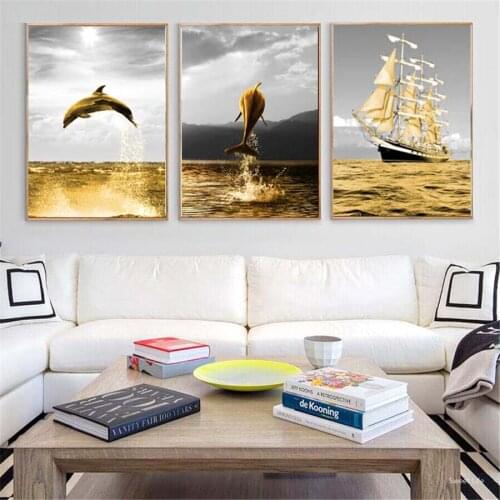 Gold Sea Dolphin Abstract Landscape Ship Wall Art Canvas Painting Nordic Posters And Prints Wall Pictures For Modern Room Decor
