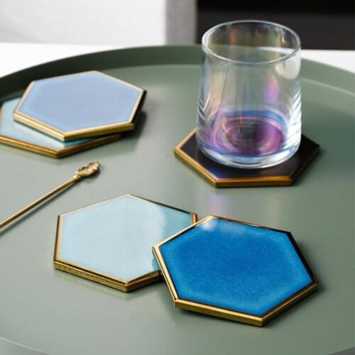 1 PC Ceramic coaster Nordic Hexagon Gold-plated Ceramic Placemat Heat Insulation Coaster Porcelain Mats Pads Table Decoration